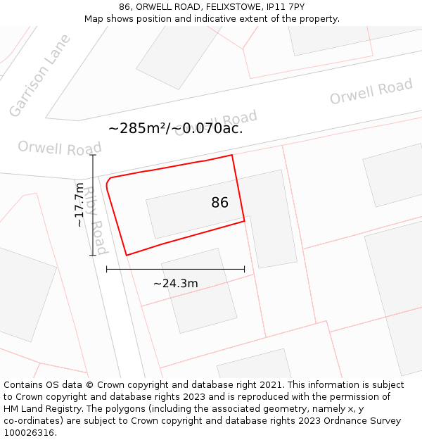 86, ORWELL ROAD, FELIXSTOWE, IP11 7PY: Plot and title map