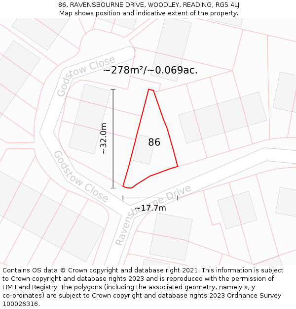 86, RAVENSBOURNE DRIVE, WOODLEY, READING, RG5 4LJ: Plot and title map