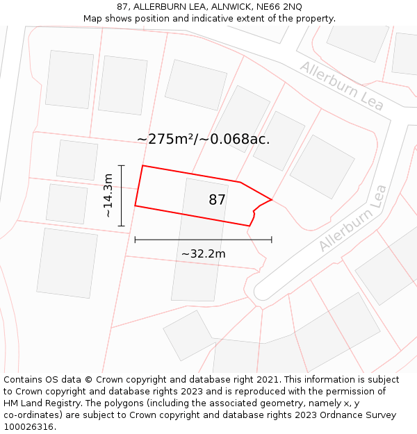 87, ALLERBURN LEA, ALNWICK, NE66 2NQ: Plot and title map