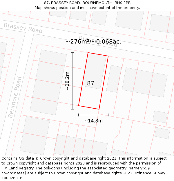 87, BRASSEY ROAD, BOURNEMOUTH, BH9 1PR: Plot and title map