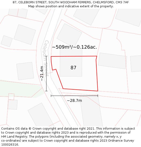 87, CELEBORN STREET, SOUTH WOODHAM FERRERS, CHELMSFORD, CM3 7AF: Plot and title map