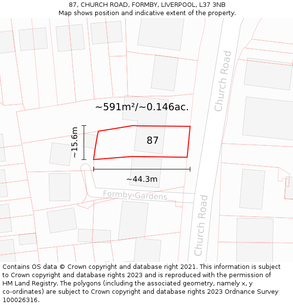 87, CHURCH ROAD, FORMBY, LIVERPOOL, L37 3NB: Plot and title map