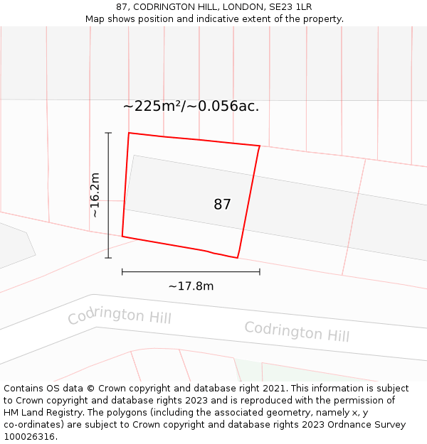 87, CODRINGTON HILL, LONDON, SE23 1LR: Plot and title map