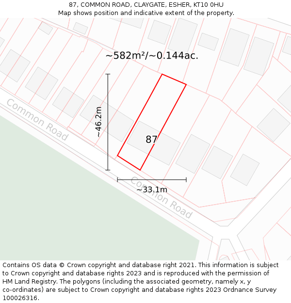 87, COMMON ROAD, CLAYGATE, ESHER, KT10 0HU: Plot and title map