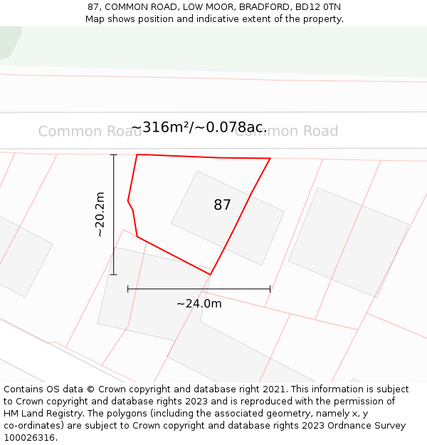 87, COMMON ROAD, LOW MOOR, BRADFORD, BD12 0TN: Plot and title map