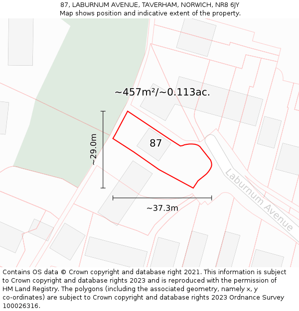 87, LABURNUM AVENUE, TAVERHAM, NORWICH, NR8 6JY: Plot and title map