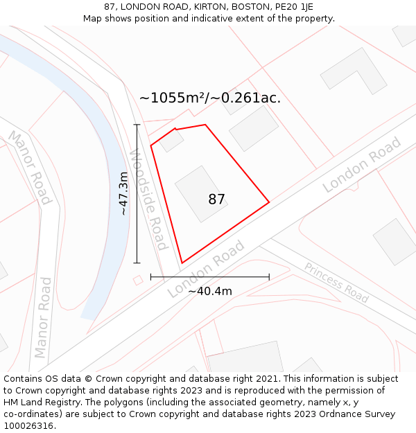 87, LONDON ROAD, KIRTON, BOSTON, PE20 1JE: Plot and title map