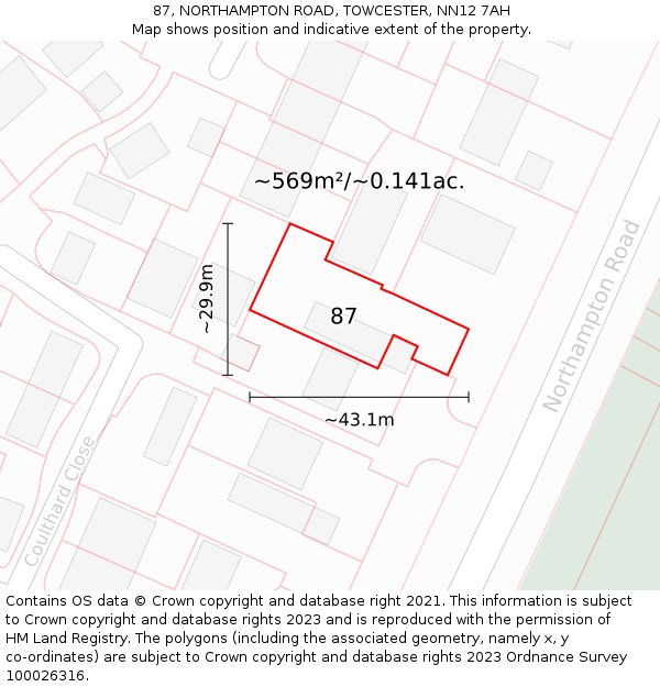 87, NORTHAMPTON ROAD, TOWCESTER, NN12 7AH: Plot and title map