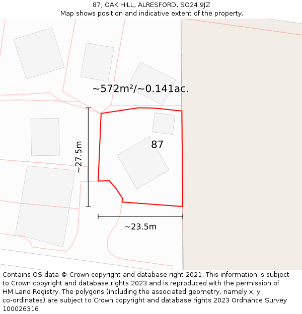 87, OAK HILL, ALRESFORD, SO24 9JZ: Plot and title map