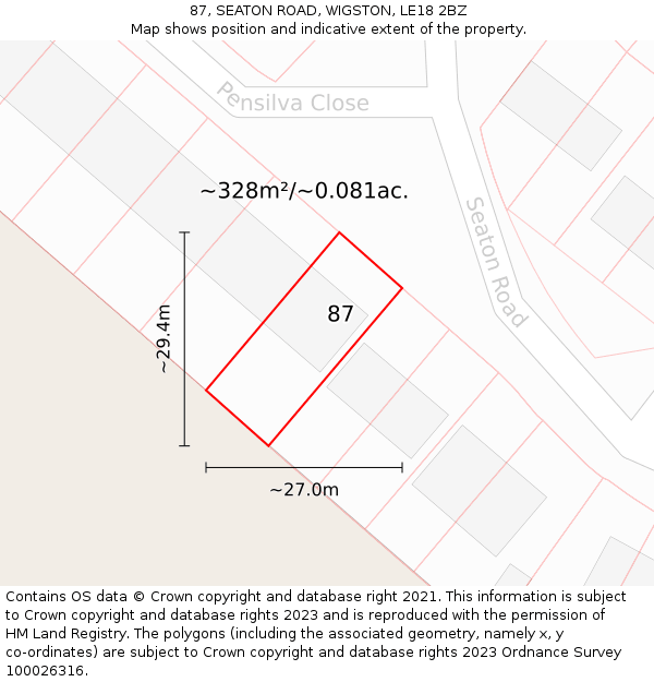 87, SEATON ROAD, WIGSTON, LE18 2BZ: Plot and title map