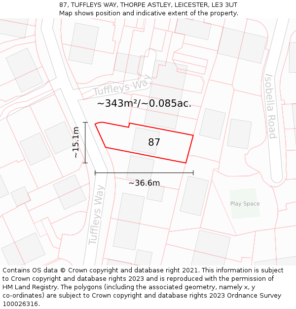 87, TUFFLEYS WAY, THORPE ASTLEY, LEICESTER, LE3 3UT: Plot and title map