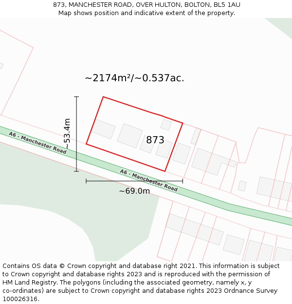 873, MANCHESTER ROAD, OVER HULTON, BOLTON, BL5 1AU: Plot and title map