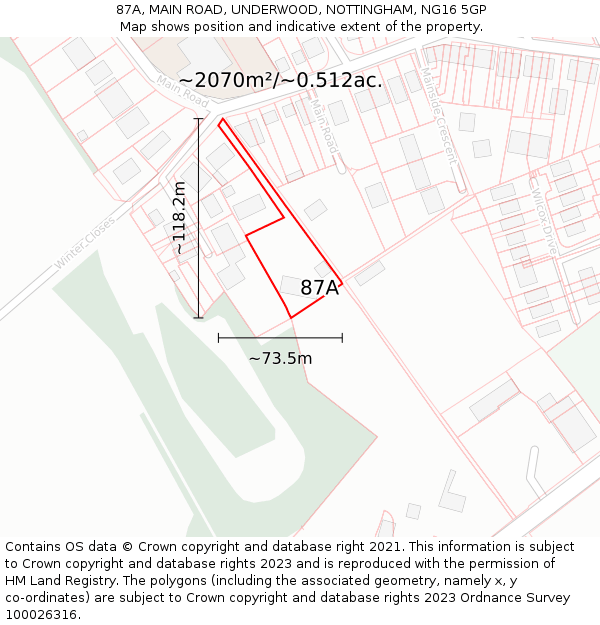 87A, MAIN ROAD, UNDERWOOD, NOTTINGHAM, NG16 5GP: Plot and title map