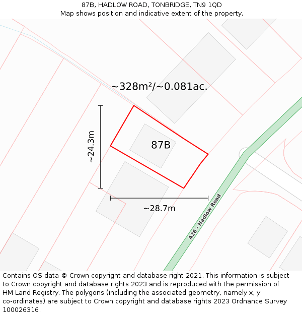 87B, HADLOW ROAD, TONBRIDGE, TN9 1QD: Plot and title map