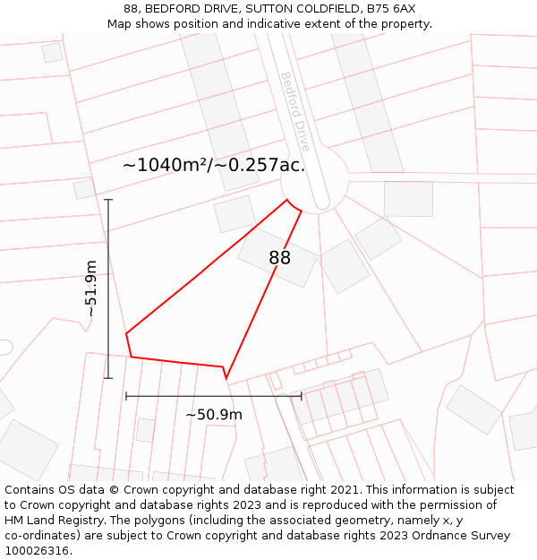 88, BEDFORD DRIVE, SUTTON COLDFIELD, B75 6AX: Plot and title map