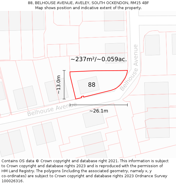 88, BELHOUSE AVENUE, AVELEY, SOUTH OCKENDON, RM15 4BF: Plot and title map