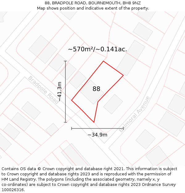 88, BRADPOLE ROAD, BOURNEMOUTH, BH8 9NZ: Plot and title map