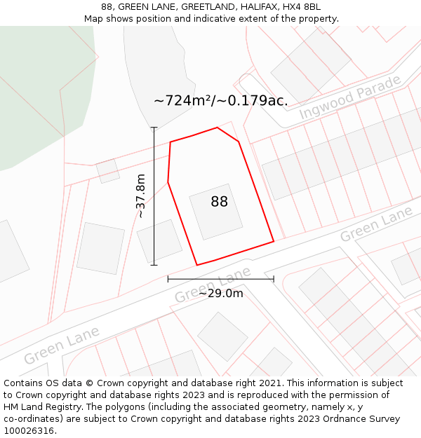 88, GREEN LANE, GREETLAND, HALIFAX, HX4 8BL: Plot and title map