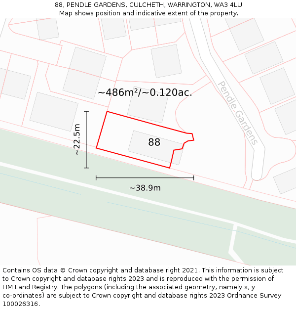 88, PENDLE GARDENS, CULCHETH, WARRINGTON, WA3 4LU: Plot and title map