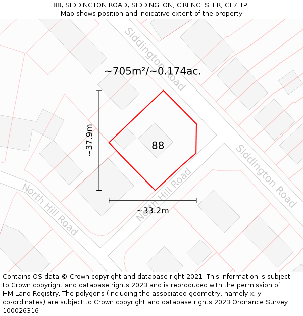 88, SIDDINGTON ROAD, SIDDINGTON, CIRENCESTER, GL7 1PF: Plot and title map