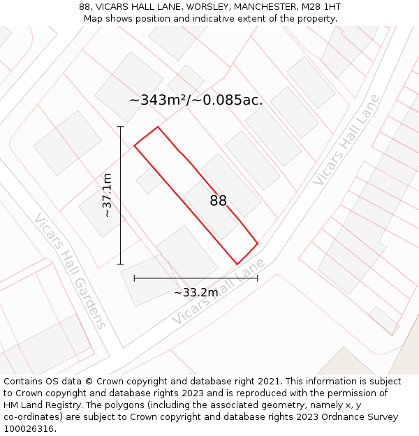 88, VICARS HALL LANE, WORSLEY, MANCHESTER, M28 1HT: Plot and title map