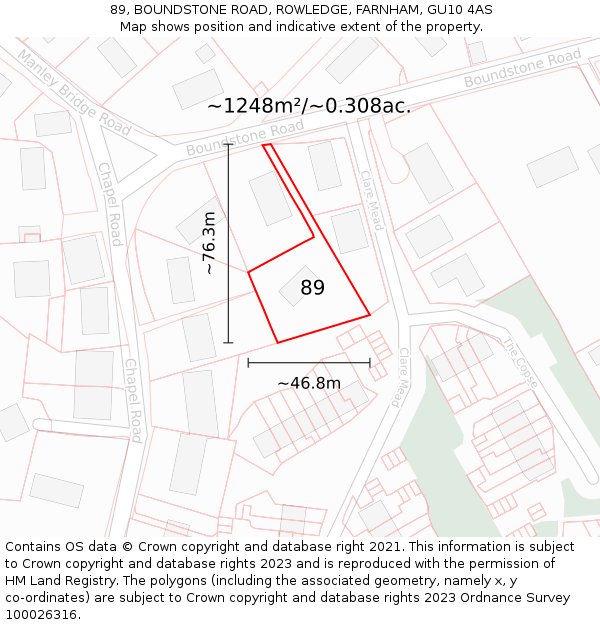 89, BOUNDSTONE ROAD, ROWLEDGE, FARNHAM, GU10 4AS: Plot and title map