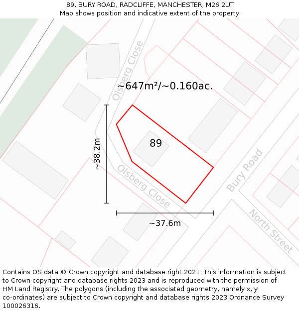 89, BURY ROAD, RADCLIFFE, MANCHESTER, M26 2UT: Plot and title map