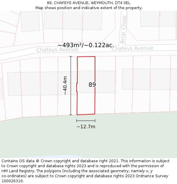 89, CHAFEYS AVENUE, WEYMOUTH, DT4 0EL: Plot and title map