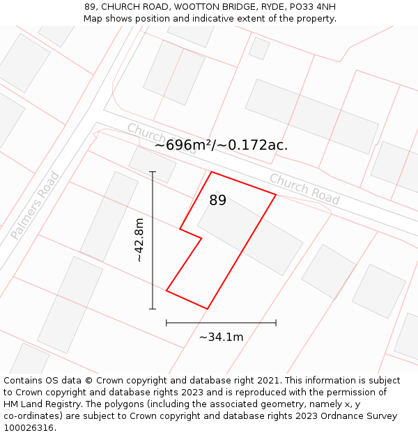 89, CHURCH ROAD, WOOTTON BRIDGE, RYDE, PO33 4NH: Plot and title map