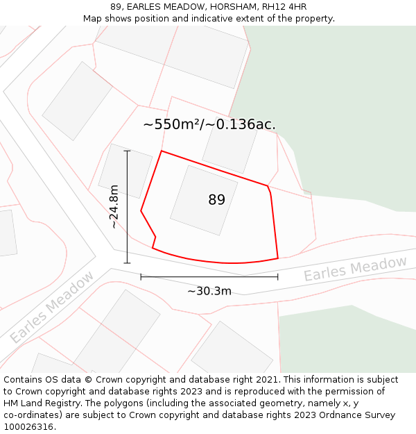 89, EARLES MEADOW, HORSHAM, RH12 4HR: Plot and title map