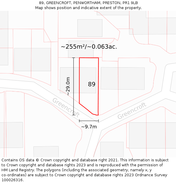 89, GREENCROFT, PENWORTHAM, PRESTON, PR1 9LB: Plot and title map