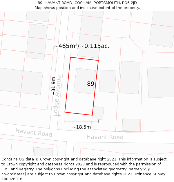 89, HAVANT ROAD, COSHAM, PORTSMOUTH, PO6 2JD: Plot and title map