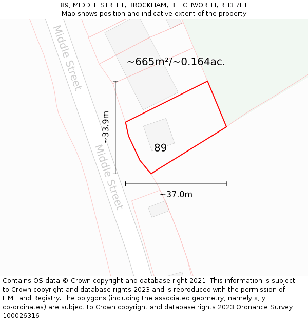 89, MIDDLE STREET, BROCKHAM, BETCHWORTH, RH3 7HL: Plot and title map