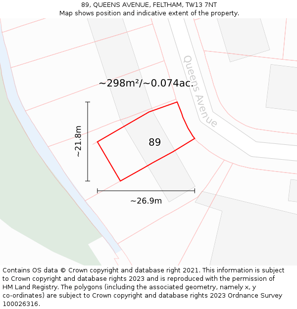 89, QUEENS AVENUE, FELTHAM, TW13 7NT: Plot and title map