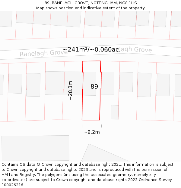 89, RANELAGH GROVE, NOTTINGHAM, NG8 1HS: Plot and title map