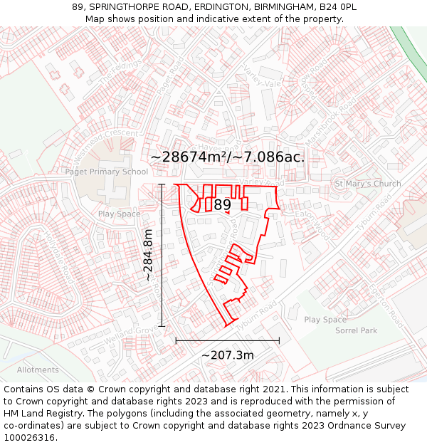 89, SPRINGTHORPE ROAD, ERDINGTON, BIRMINGHAM, B24 0PL: Plot and title map