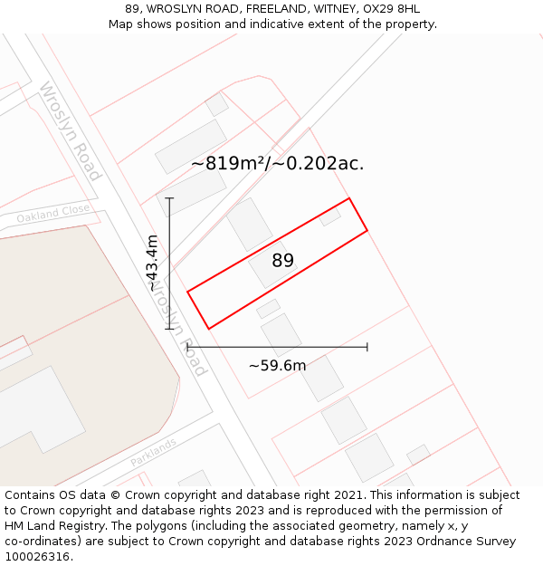 89, WROSLYN ROAD, FREELAND, WITNEY, OX29 8HL: Plot and title map