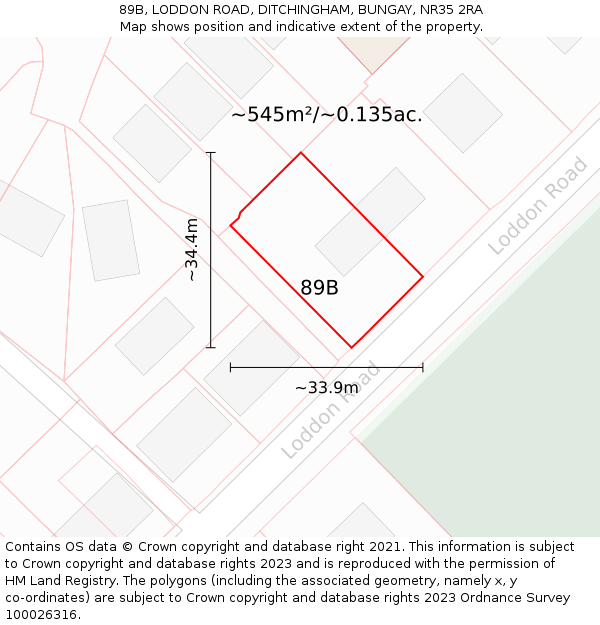 89B, LODDON ROAD, DITCHINGHAM, BUNGAY, NR35 2RA: Plot and title map