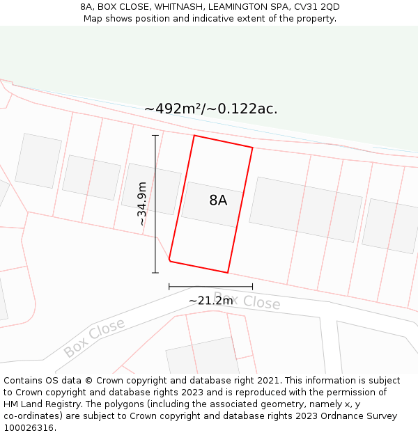 8A, BOX CLOSE, WHITNASH, LEAMINGTON SPA, CV31 2QD: Plot and title map