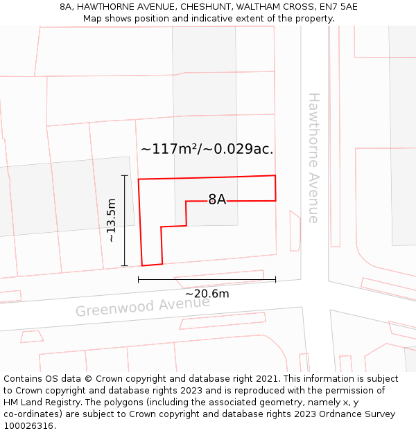 8A, HAWTHORNE AVENUE, CHESHUNT, WALTHAM CROSS, EN7 5AE: Plot and title map