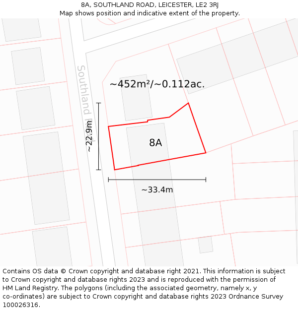 8A, SOUTHLAND ROAD, LEICESTER, LE2 3RJ: Plot and title map