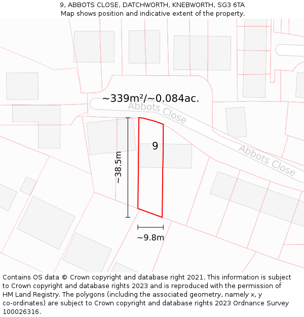 9, ABBOTS CLOSE, DATCHWORTH, KNEBWORTH, SG3 6TA: Plot and title map