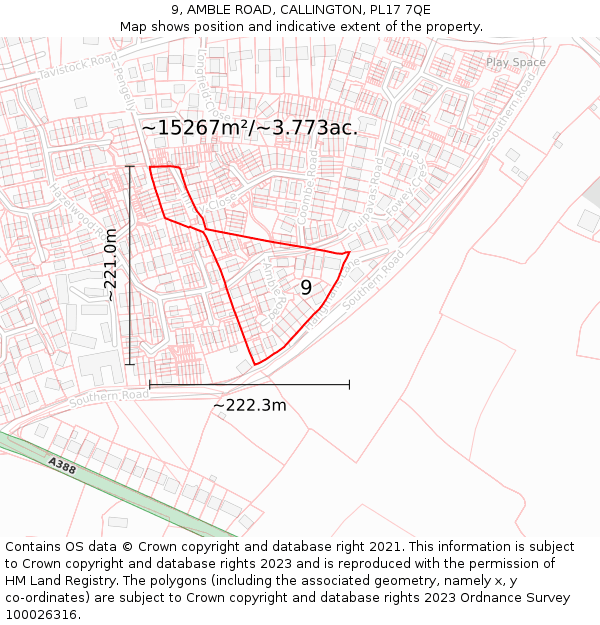 9, AMBLE ROAD, CALLINGTON, PL17 7QE: Plot and title map