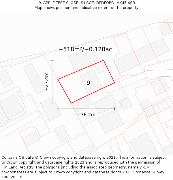 9, APPLE TREE CLOSE, SILSOE, BEDFORD, MK45 4SR: Plot and title map