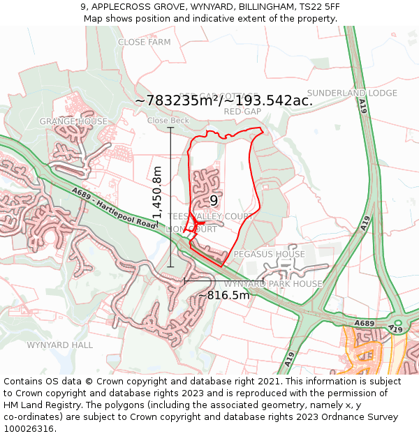 9, APPLECROSS GROVE, WYNYARD, BILLINGHAM, TS22 5FF: Plot and title map