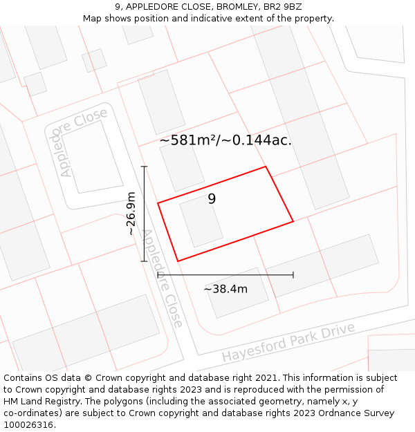 9, APPLEDORE CLOSE, BROMLEY, BR2 9BZ: Plot and title map