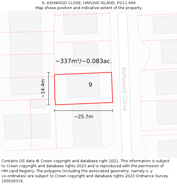 9, ASHWOOD CLOSE, HAYLING ISLAND, PO11 9AX: Plot and title map