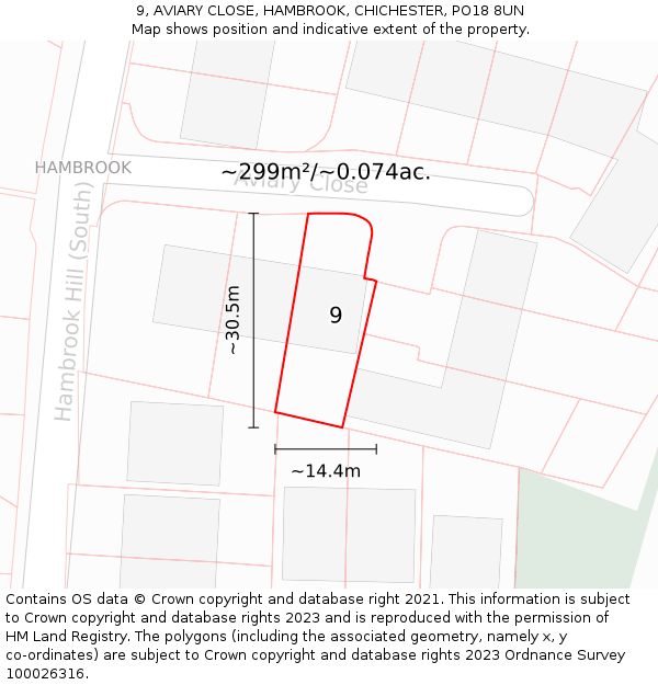 9, AVIARY CLOSE, HAMBROOK, CHICHESTER, PO18 8UN: Plot and title map