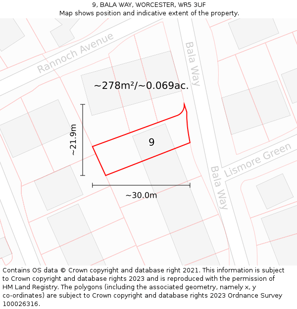 9, BALA WAY, WORCESTER, WR5 3UF: Plot and title map