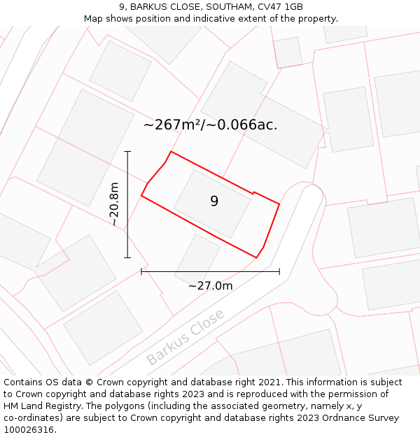 9, BARKUS CLOSE, SOUTHAM, CV47 1GB: Plot and title map